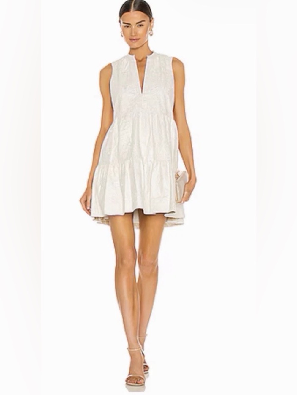 Amanda Uprichard Sleeveless V-Neck Tiered Mini Dress in White, Medium, Emboidery